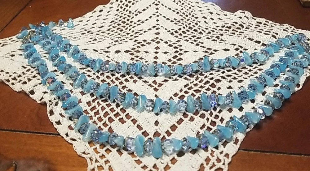 Vintage Laguna Necklace, Aurora borealis crystal, 3 Strand,Blue, 16″ Adjustable