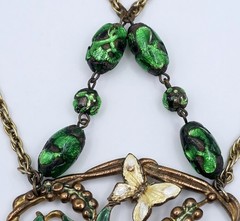 Art Nouveau Statement Bib Necklace Enamel Butterfly Lava Glass REPURPOSED