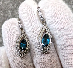 Vintage Sterling Silver London Blue Topaz and Crystal Dangle Earrings