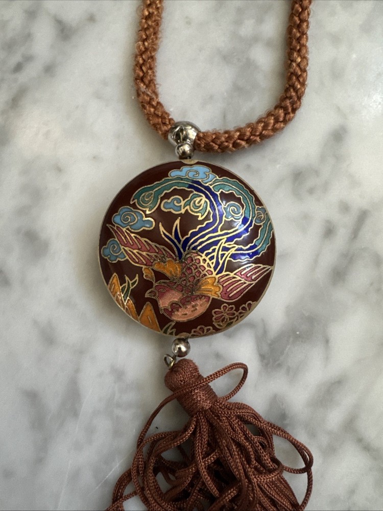 Vintage Cloisonne Enamel Phoenix Bird Pendant Necklace Brown Silk Cord Tassel