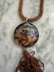 Vintage Cloisonne Enamel Phoenix Bird Pendant Necklace Brown Silk Cord Tassel