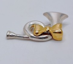 Vintage French Horn Bugle Brooch Instrument Music Silver Tone Gold Tone Bow