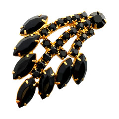 Vintage 1960s Unsigned Jet Black Glass Rhinestone Spray Gold-tone Costume Brooch
