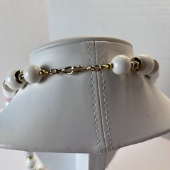 Vintage Ceramic Barrel & Round Beads Necklace – 30” – White Pink Blue – 1980s