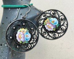 Vintage Painted Enameled Earring Soviet Cupronickel Finift Hand Wrought Filigree