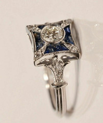 Old European & Sapphire Lab Created Diamond Art Deco Engagement 14K Gold FN Ring