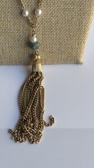 Vintage Park Lane Tassel Necklace With Faux Pearl & Jade Gold Tone Chain L198