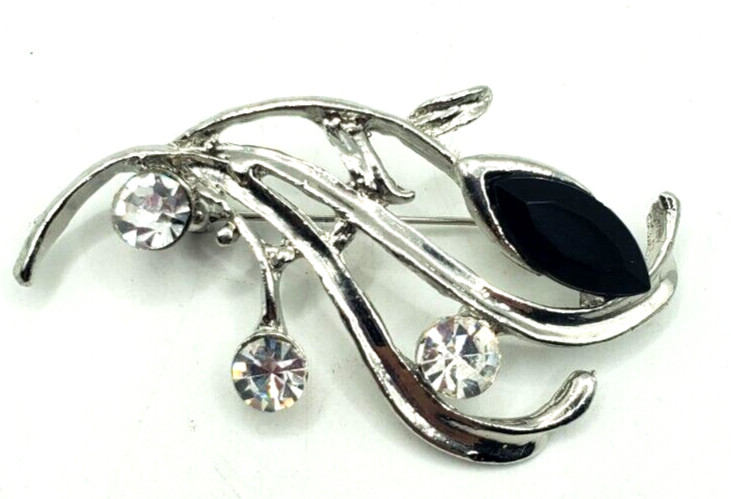 Vintage Silver Tone Crystals A Black Stone Sweeping Statement Pin Brooch 1980’s