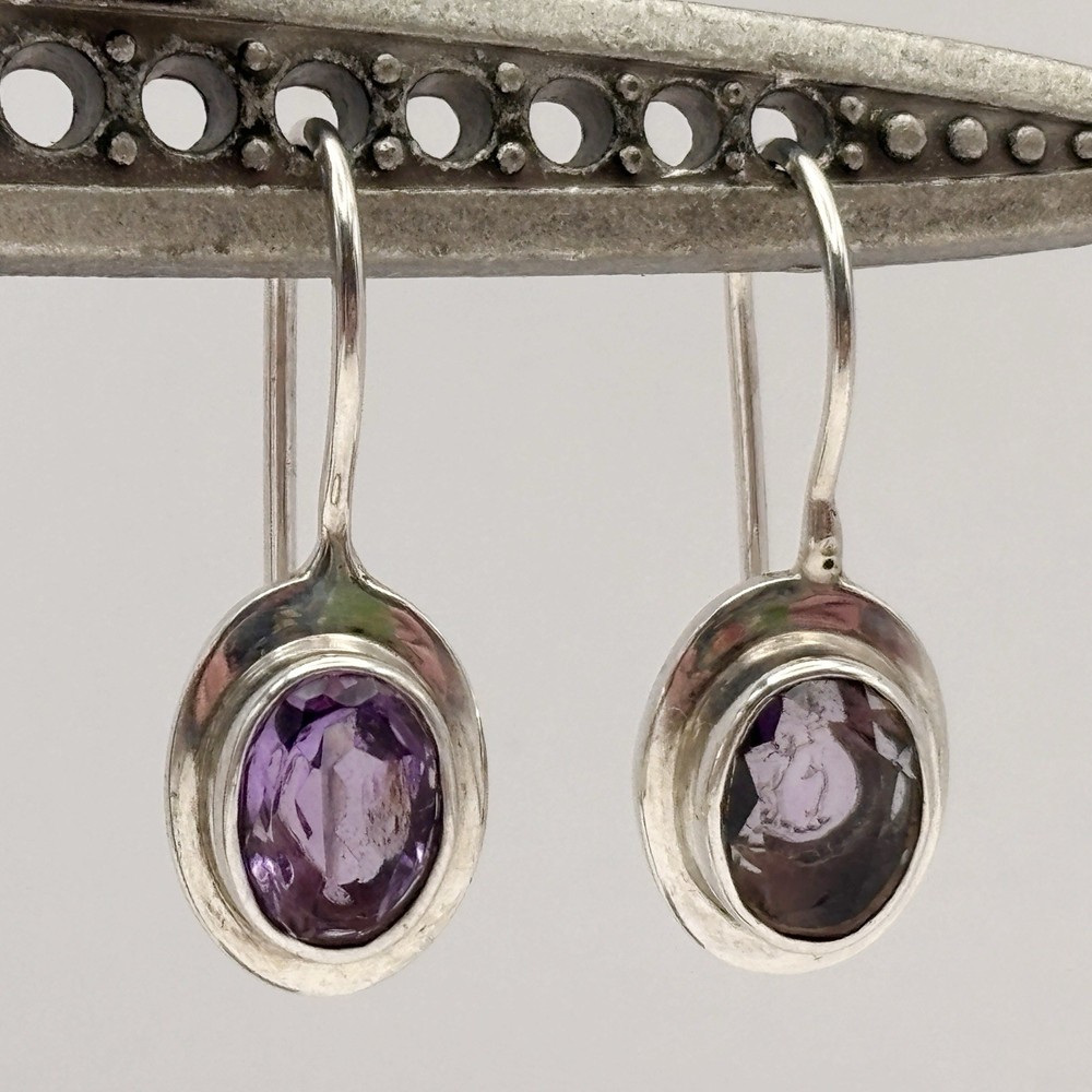 Sterling Silver Amethyst Earrings Purple Oval cut French Wire Dangle 925