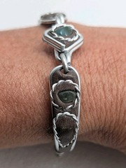 Dainty Vintage 50s Handmade Tin Art Green Stone And Leather Bracelet 6″