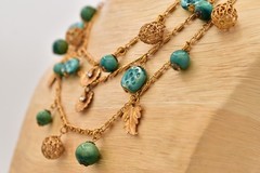 Vintage Beaded Multi-Strand Leaf Charm Necklace Collar Gold Turquoise 70s BinBN