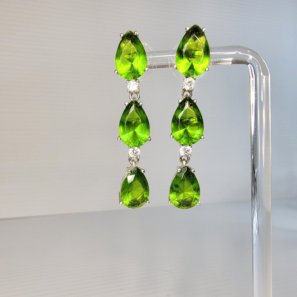 Vintage Green Quartz Pear Teardrop 3 Stone Line Dangle Earrings Silver 925 1.75″