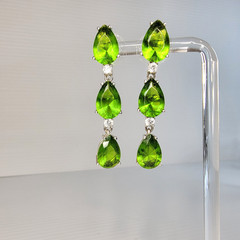 Vintage Green Quartz Pear Teardrop 3 Stone Line Dangle Earrings Silver 925 1.75″