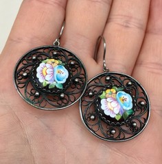 Vintage Painted Enameled Earring Soviet Cupronickel Finift Hand Wrought Filigree