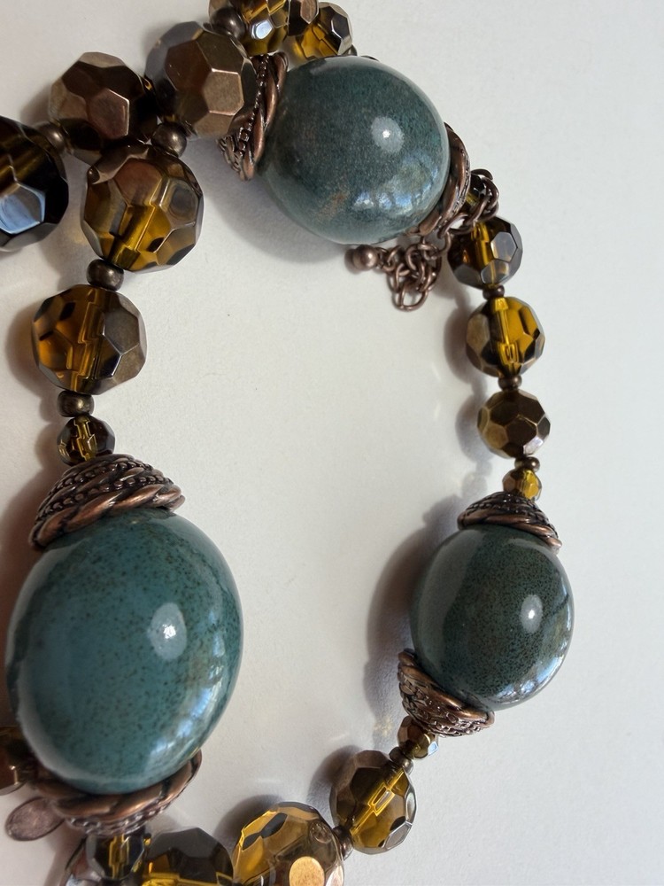 Vintage Necklace Large Blue Green Ceramic Beads, Crystal, Copper Findings 27”