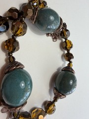Vintage Necklace Large Blue Green Ceramic Beads, Crystal, Copper Findings 27”