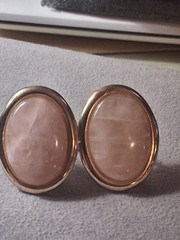 Rose quartz oval cabochon gold plated vintage earrings