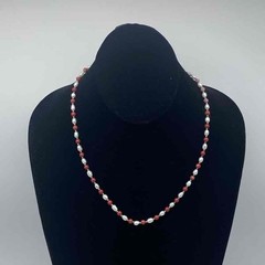 Sterling Silver 925 Pearl Red Coral Necklace Marcasite Rose Brooch Set 19.5″