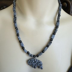VTG Pendant Necklace 19 Inch Carved Buffalo Snowflake Obsidian Black Onyx Beads