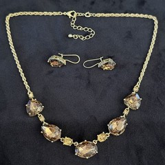 Vtg Avon Goldtone Necklace Earring Set Faux Smokey Topaz Pear Oval Facet Stone U
