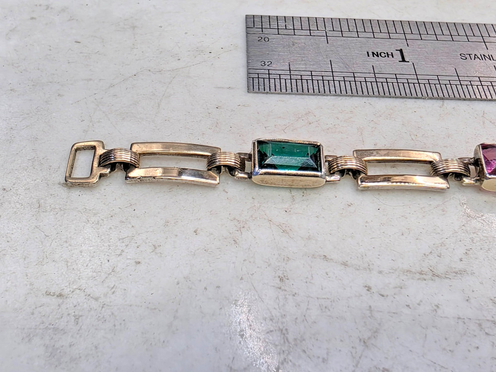 Vtg Two Tone Sterling and 14kt Gold Gemstone Tennis Bracelet 10g 7″ 6mm