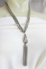 Vintage Cable & Curb Chains 5.5″ Tassel Pendant Necklace Silver Plate Onion Bead