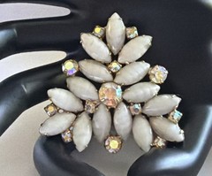 Vtg Rectangle GoldTone Brooch AB Rhinestone White Milk Glass Marquise Stones B30