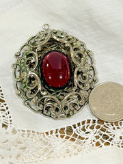 Vintage Victorian Revival Filigree Pendant, Deep Burgundy Glass Cabochon,