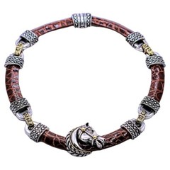 Nancy and David, 18K Gold, Silver and Embossed Leather Equestrian Choker