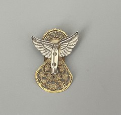 Vintage Gold & Silver Tone Metal Angel Brooch Faux Pearl Open Cut Details 1.75”