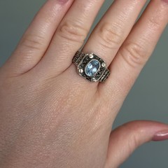 Vintage 925 Sterling Silver Genuine Blue Topaz Marcasite Deco Style Ring SZ 9.5