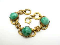 Antique Peking Glass High Cabochon Brass Chain Link Bracelet AS IT