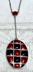 1930s Art Deco ORANGE/BLACK Enamel Checkerboard Sterling Locket Necklace~GERMANY