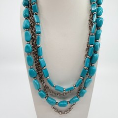 Vintage Silver Tone Turquoise Color Necklace Multi Strand Chunky Layered Chain