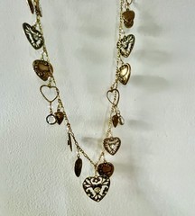 Glass Works Studio Long Charm Necklace Crystal Heart Rhinestone Brass Tone 18″