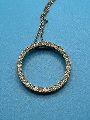 Vintage Gold Tone Open Circle Pendant Necklace Rhinestone Slide Chain 1980s