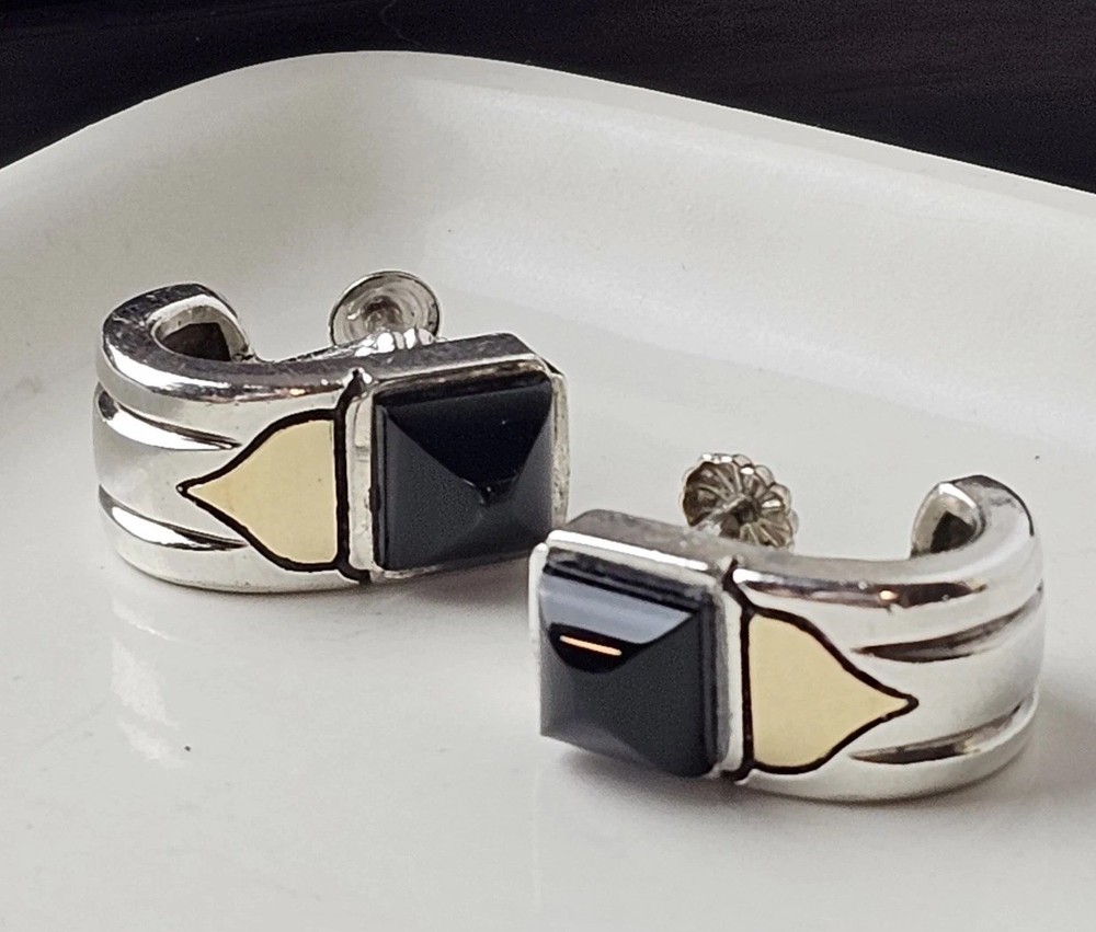 Vintage 925 Sterling Silver & 18 K Gold Black Onyx Screw-back Modernist Earrings