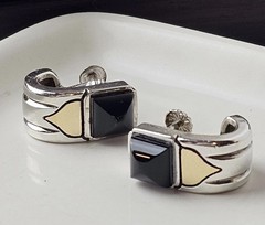 Vintage 925 Sterling Silver & 18 K Gold Black Onyx Screw-back Modernist Earrings