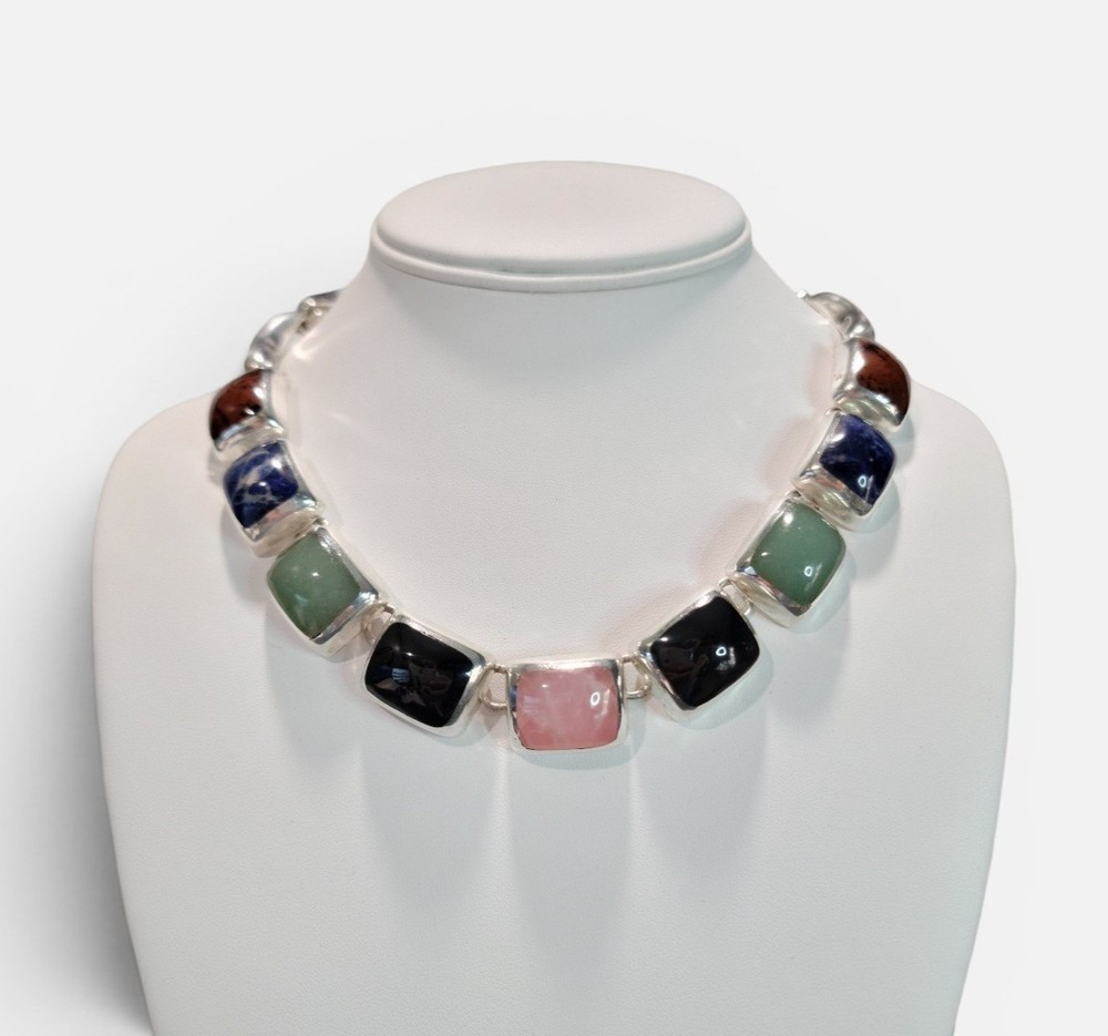 Estate Statement Taxco TZ-17 Sterling Silver Multi Stone Necklace 101g Rainbow