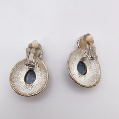 VTG Smoky Gray Cats Eye Moonstone Earrings Clip On Silver Tone Ornate Retro