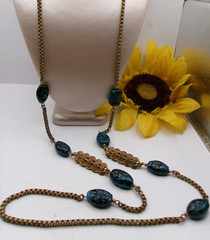 RARE SIGNED Miriam Haskell BLUE Glass BEADS Gold Tone Necklace~36 Inches Long