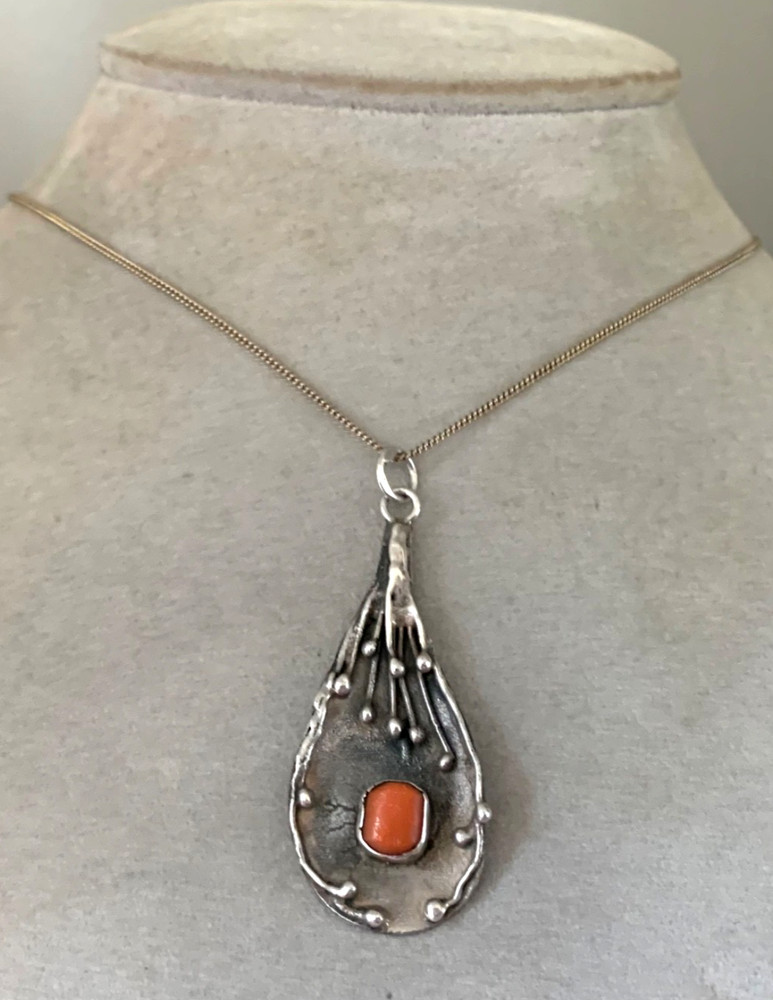 Vintage Polish Artisan Modernist 800 Silver & Coral Pendant – Hallmarked