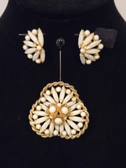Vintage Goldtone White Navette Brooch And Clip-on Earrings Set Juliana Style