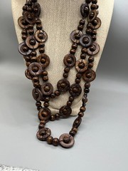 Bohemian Boho Wooden Flat Circle Link with Bead 3 Strand Necklace