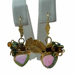 Vintage ARTISAN▪️ Modernist Dichroic Fused Glass Leaf Dangle Earrings GOLD Bead