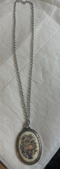 Faux Needlepoint Oval Pendant Necklace – Signed Coventry Vintage Silver Toned