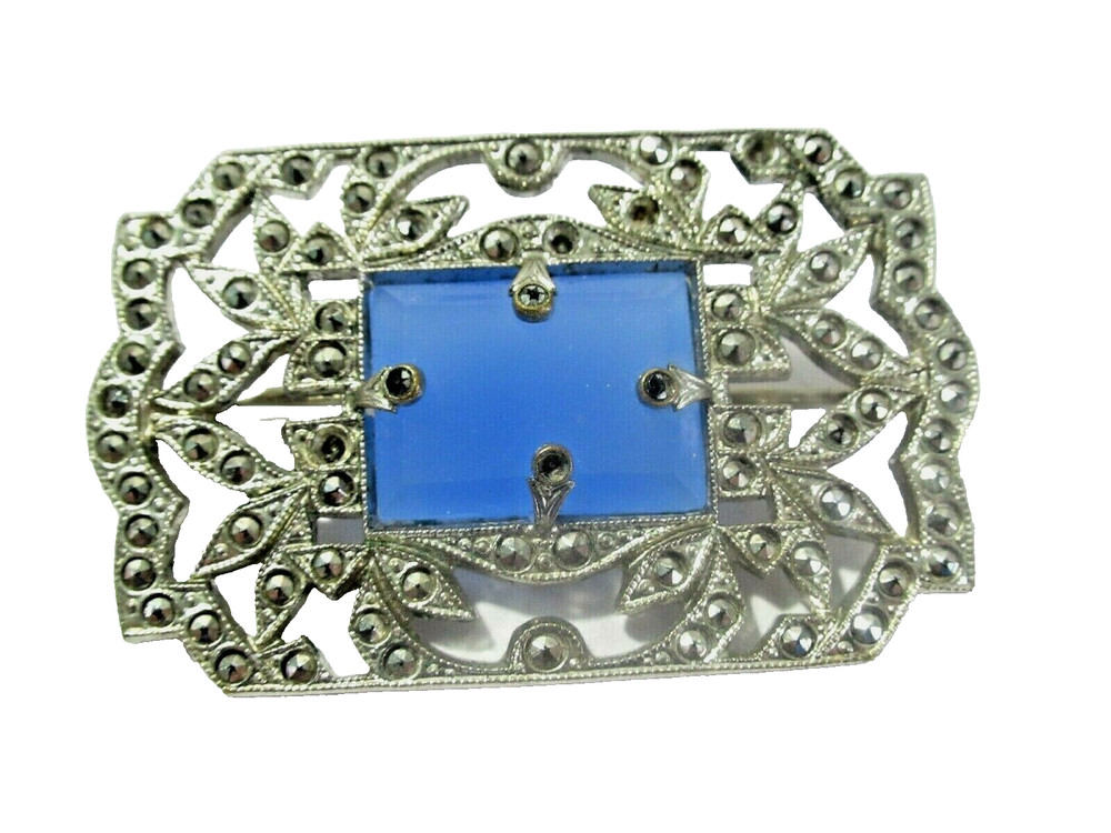 MARCASITE BLUE GEMSTONE VINTAGE OLD PIN DECO TROMBONE CLASP SPARKLY