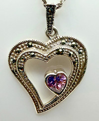 Sterling Silver Marcasite Double Heart Pink CZ Pendant and 16″ Rope Necklace