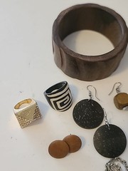Vintage 70s Style Wood & Leather Jewelry Lot Bangles Earrings Necklace Hippie…