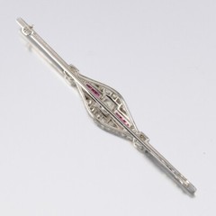 Estate 14k White Gold Art Deco Era Diamond and Ruby Bar Brooch Pin GAL Appraisal